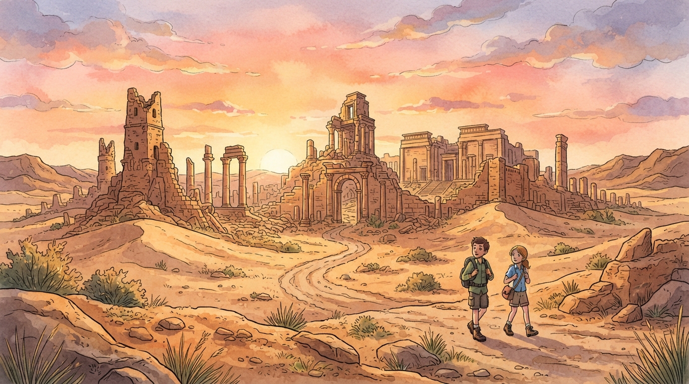 Deux enfants marchent dans le désert au coucher du soleil, devant les ruines antiques de colonnes et de bâtiments en pierre de Cyrène
